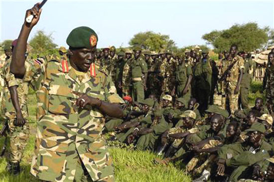 Renegade Peter Gadet addresses his troops before his defection from SPLA Renegade Peter Gadet addresses his troops before his defection from SPLA
