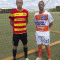 Chris Kooy shows off FC Edmonton's retro Edmonton Drillers kit with Scott Gordon of the Fort Lauderdale Strikers