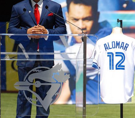 Roberto Alomar addresses the sold-out Rogers Centre crowd before his number 12 is retired