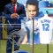 Roberto Alomar addresses the sold-out Rogers Centre crowd before his number 12 is retired