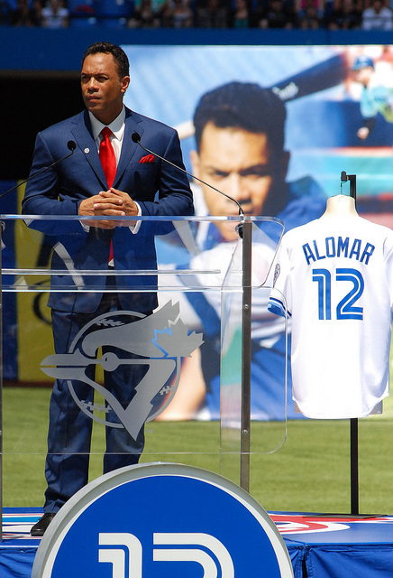 Roberto Alomar addresses the sold-out Rogers Centre crowd before his number 12 is retired Roberto Alomar addresses the sold-out Rogers Centre crowd before his number 12 is retired