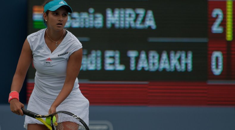 Sania Mirza setting up for a serve during qualifying of the WTA Rogers Cup in Toronto