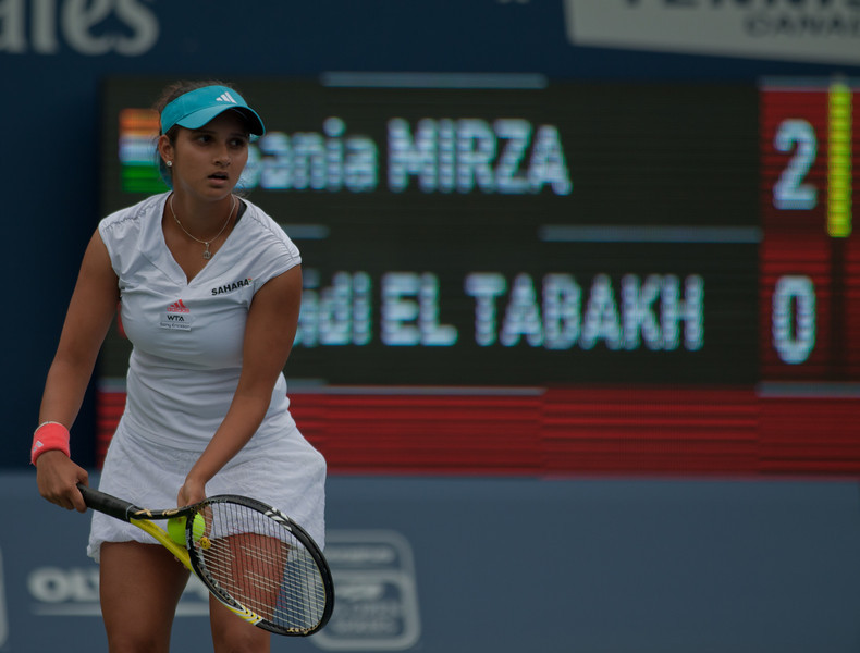 Sania Mirza setting up for a serve during qualifying of the WTA Rogers Cup in Toronto Sania Mirza setting up for a serve during qualifying of the WTA Rogers Cup in Toronto