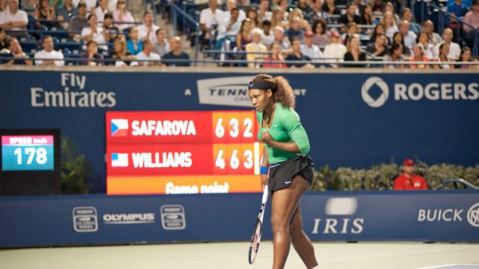 American Serena Williams pumps her fist after winning a critical point in the third set against Lucie Safarova on Friday evening (John Lucero)