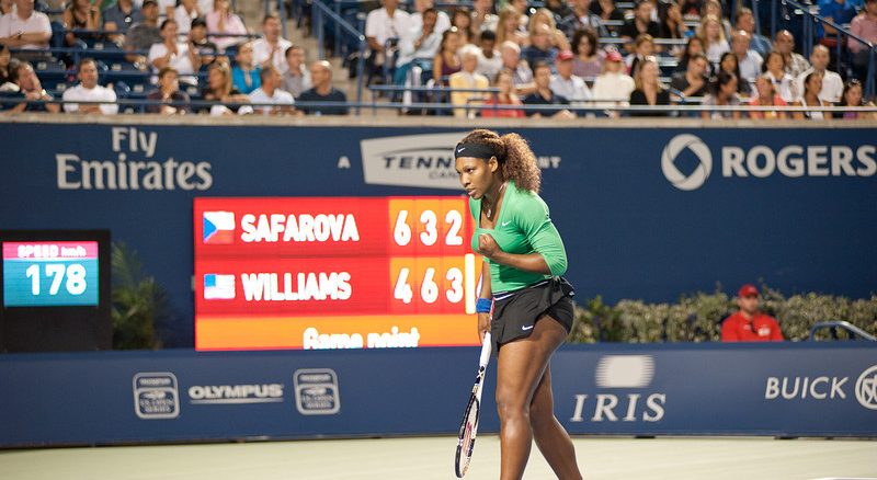 American Serena Williams pumps her fist after winning a critical point in the third set against Lucie Safarova on Friday evening (John Lucero)