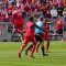 TFC striker Danny Koevermans (left) jumps up and does a fist pump in celebration of his first of two goals in the match (JP Dhanoa)