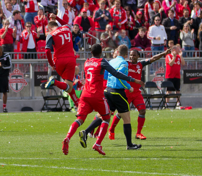 TFC striker Danny Koevermans (left) jumps up and does a fist pump in celebration of his first of two goals in the match (JP Dhanoa) TFC striker Danny Koevermans (left) jumps up and does a fist pump in celebration of his first of two goals in the match (JP Dhanoa)