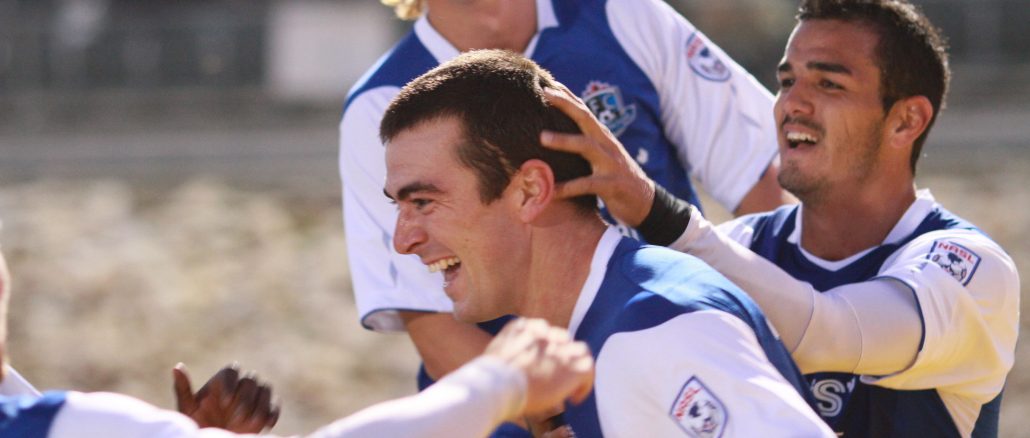 FC Edmonton defender John Jonke (centre) celebrates his goal with his teammates on Sunday FC Edmonton defender John Jonke (centre) celebrates his goal with his teammates on Sunday