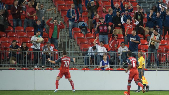 TFC forward Peri Marosevic celebrates his goal directly in front of a group of Mexican fans on Tuesday night at BMO Field (John Lucero)