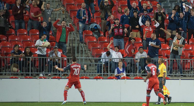 TFC forward Peri Marosevic celebrates his goal directly in front of a group of Mexican fans on Tuesday night at BMO Field (John Lucero)