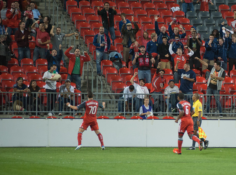 TFC forward Peri Marosevic celebrates his goal directly in front of a group of Mexican fans on Tuesday night at BMO Field (John Lucero) TFC forward Peri Marosevic celebrates his goal directly in front of a group of Mexican fans on Tuesday night at BMO Field (John Lucero)
