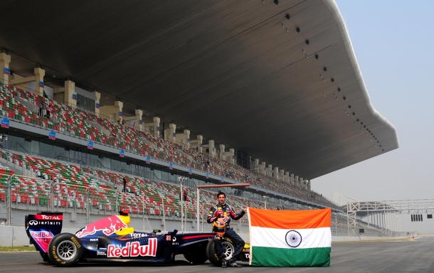 Red Bull Racing&rsquo;s F1 car with driver Neel Jani at the Buddh International Circuit in India