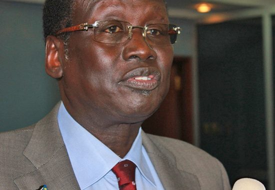 South Sudanese Information and Broadcasting Minister Dr Barnaba Marial briefs the press in Juba. [©Gurtong]
