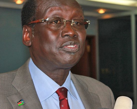 South Sudanese Information and Broadcasting Minister Dr Barnaba Marial briefs the press in Juba. [©Gurtong]