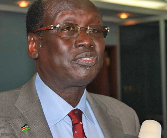 South Sudanese Information and Broadcasting Minister Dr Barnaba Marial briefs the press in Juba. [©Gurtong]
