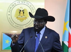 South Sudanese President Salva Kiir Mayardit addresses the press at the presidential palace in Juba. [©Gurtong]