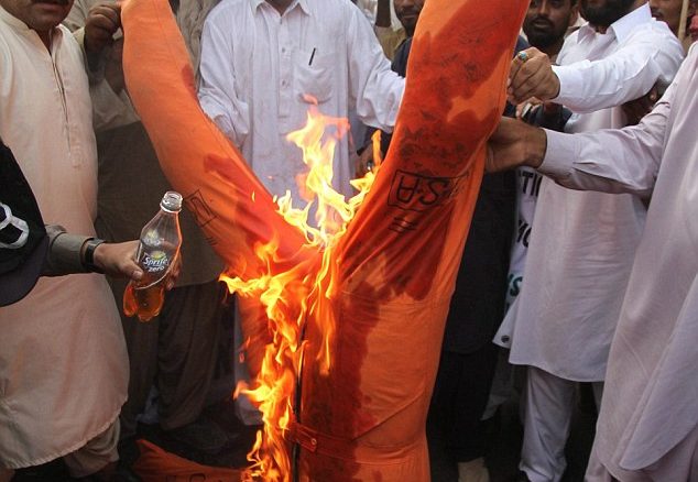 Angry demonstrators burn effigies of President Barack Obama