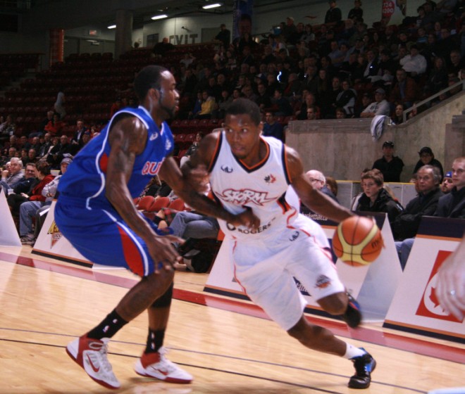 Summerside Storm small forward Louie McCroskey drives past a Quebec Kebs guard on Thursday night in the team's upset 120-105 win Summerside Storm small forward Louie McCroskey drives past a Quebec Kebs guard on Thursday night in the team's upset 120-105 win