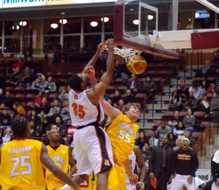 Oshawa Power forward Akeem Wright slams down a dunk against the London Lightning