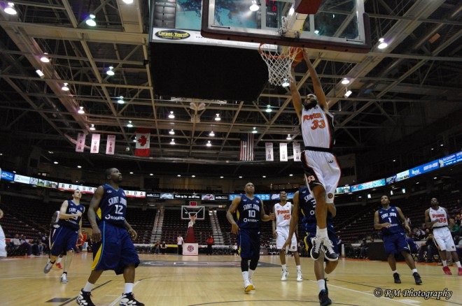 Oshawa Power forward Kevin Francis goes up for an uncontested dunk on Monday night at the GM Centre.