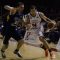 Summerside Storm small forward Chris Cayole (right) drives past Saint John Mill Rats forward Steve DeLuca