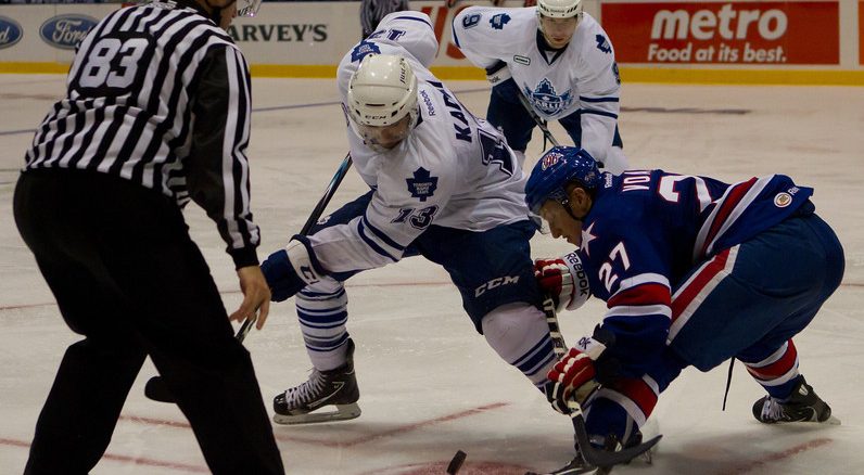 Toronto Marlies centre Nazem Kadri faces off against Mark Voakes Saturday afternoon at Ricoh Coliseum (JP Dhanoa)