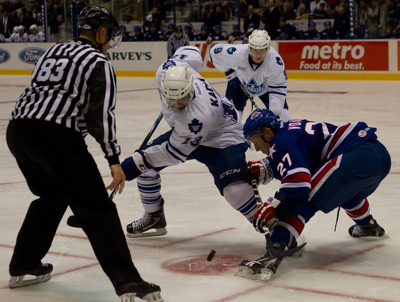 Toronto Marlies centre Nazem Kadri faces off against Mark Voakes Saturday afternoon at Ricoh Coliseum (JP Dhanoa) Toronto Marlies centre Nazem Kadri faces off against Mark Voakes Saturday afternoon at Ricoh Coliseum (JP Dhanoa)