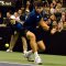 Milos Raonic prepares to return a backhand during his exhibition match against Pete Sampras