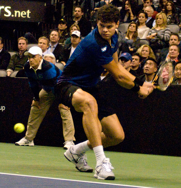 Milos Raonic prepares to return a backhand during his exhibition match against Pete Sampras Milos Raonic prepares to return a backhand during his exhibition match against Pete Sampras