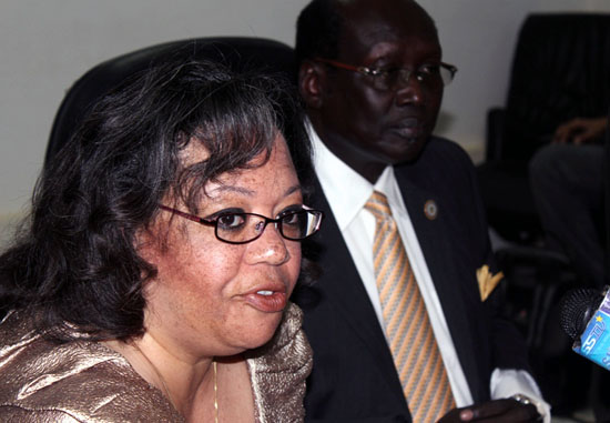 Ambassador Susan Page flanked alongside with Dr. Marial Benjamin while addressing the press in Juba [©Gurtong]
