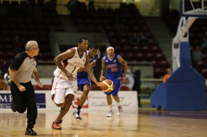 Summerside Storm small forward Louie McCroskey dribbles the ball up court against the Quebec Kebs on Thursday night at Credit Union Place