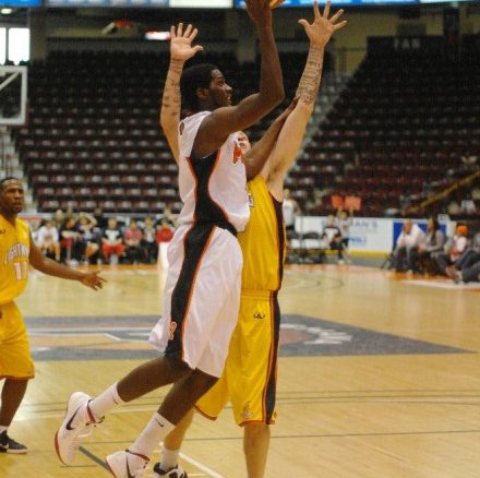 Oshawa Power forward Omari Johnson leans in for a jump shot on Sunday against the London Lightning Oshawa Power forward Omari Johnson leans in for a jump shot on Sunday against the London Lightning