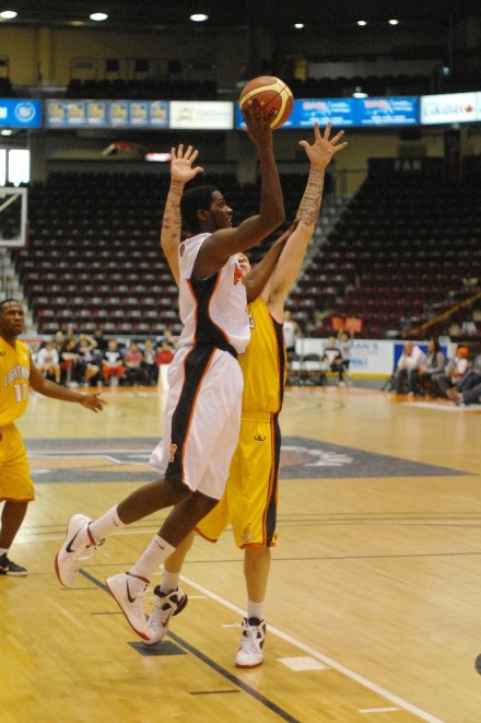 Oshawa Power forward Omari Johnson leans in for a jump shot on Sunday against the London Lightning Oshawa Power forward Omari Johnson leans in for a jump shot on Sunday against the London Lightning