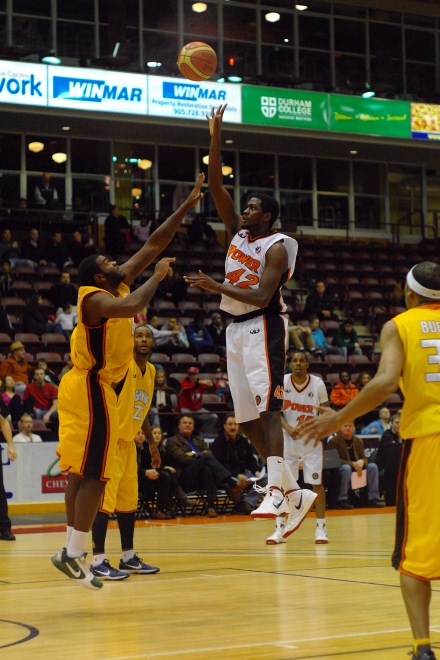 Oshawa Power forward Omari Johnson puts up a hook shot against the London Lightning at the GM Centre Thursday night Oshawa Power forward Omari Johnson puts up a hook shot against the London Lightning at the GM Centre Thursday night