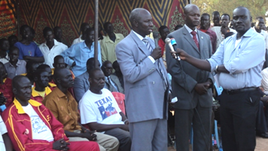 Mr. Stephen Chol Ajonga addressing the participants during the launch of the sports program [©Gurtong]