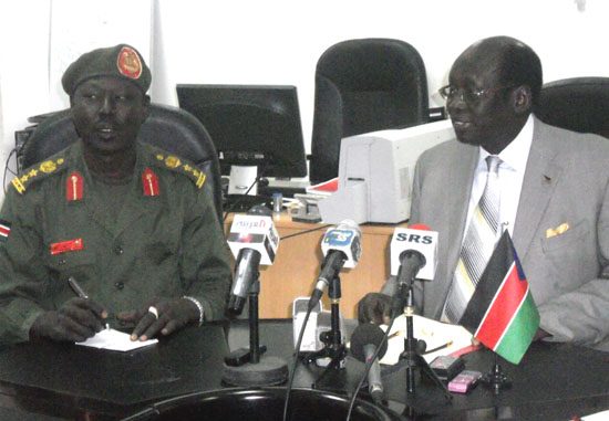 Col. Philip Aguer and Dr. Barnaba Marial Benjamin briefing journalists in the press in Juba [©Gurtong]