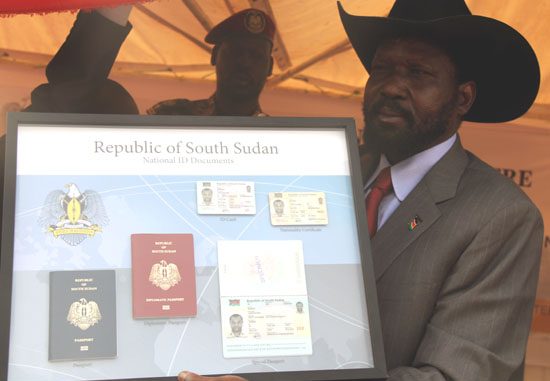 President Salva Kiir displays a sample of the national identity documents in Juba [©Gurtong]