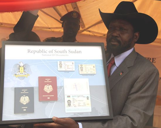 President Salva Kiir displays a sample of the national identity documents in Juba [©Gurtong]