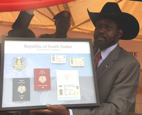 President Salva Kiir displays a sample of the national identity documents in Juba [©Gurtong]
