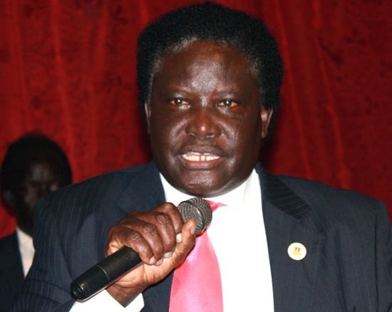 Mr. Manaseh Lomole addressing a gathering at Nyakuron Cultural Centre in a previous function [©Gurtong]