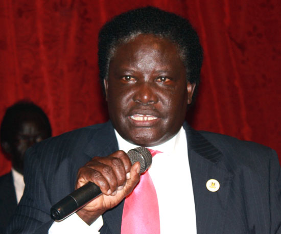 Mr. Manaseh Lomole addressing a gathering at Nyakuron Cultural Centre in a previous function [©Gurtong]