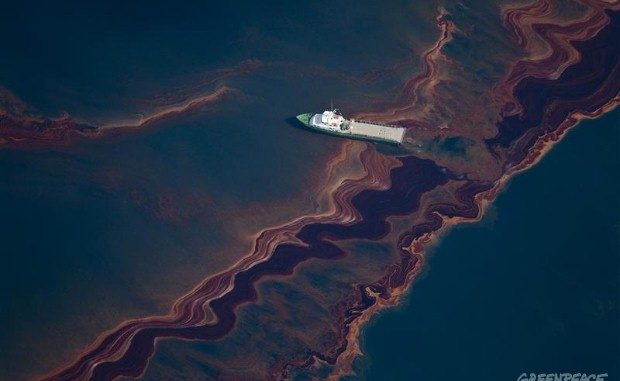 An aerial view of the oil on the sea surface, originating from the leaking of the Deepwater Horizon wellhead disaster.