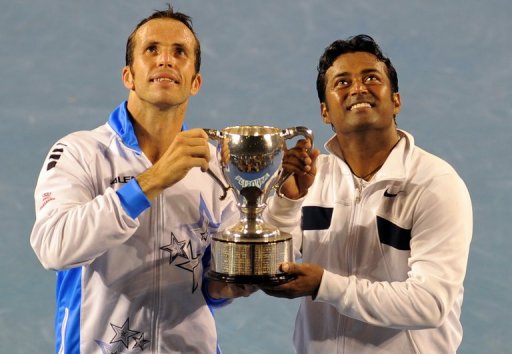 Leander Paes & Radek Stepanek carrying the winning trophy for men's doubles