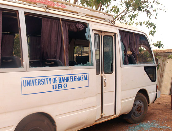 One of the University minibuses destroyed during the students rampage [©Gurtong]