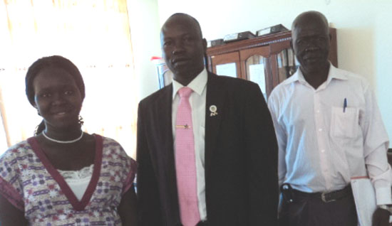 (L-R) Ms. Foda Michael, Michael Lopuke and Mr. Joseph Rui Abuni pose after the meeting [©Gurtong]