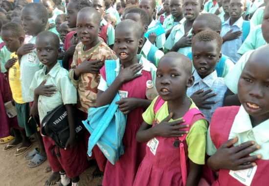 Torit East primary school pupils singing the South Sudan national anthem before the results were announced [©Gurtong]