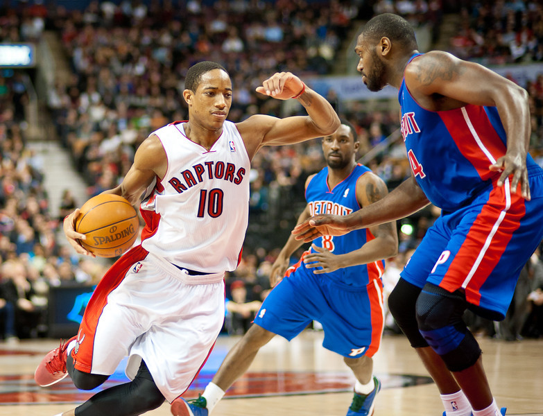 Raptors guard DeMar DeRozan attempts to drive past Detroit Pistons forward Jason Maxiell. DeRozan scored a team-high 23 points and attacked the basket often in his team's 103-93 win at the Air Canada Centre on Wednesday night (John Lucero) Raptors guard DeMar DeRozan attempts to drive past Detroit Pistons forward Jason Maxiell. DeRozan scored a team-high 23 points and attacked the basket often in his team's 103-93 win at the Air Canada Centre on Wednesday night (John Lucero)
