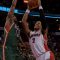 Toronto Raptors forward James Johnson (right) drives hard to the basket against Milwaukee Buck forward Luc Mbah a Moute on Wednesday night at the Air Canada Centre (JP Dhanoa)