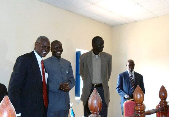 (L-R) Justice Chan Reec Madut and Govenor Rizik Zackaria Hassan with other State officials launching the new court building in Wau [©Gurtong]