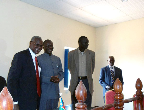 (L-R) Justice Chan Reec Madut and Govenor Rizik Zackaria Hassan with other State officials launching the new court building in Wau [©Gurtong]